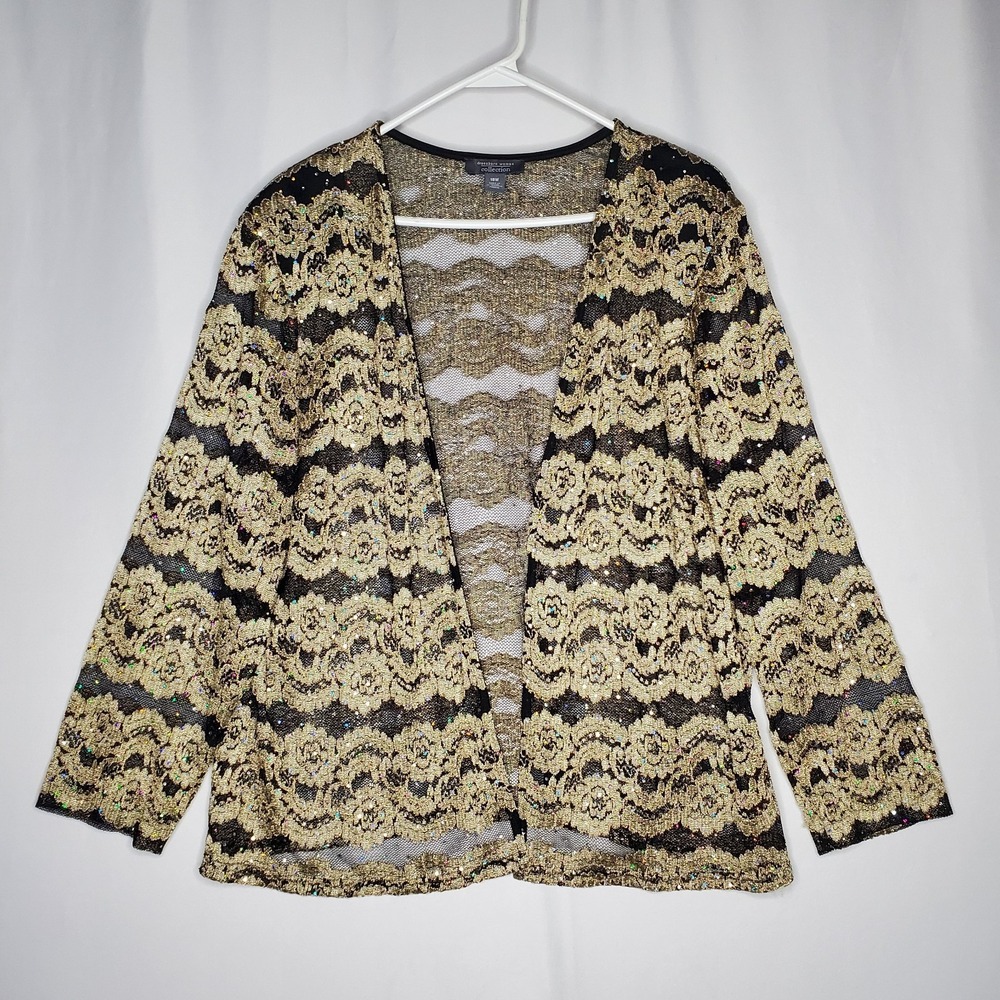 Dressbarn Vtg Sequin Lace Cardigan Top Set Women 18W Gold Floral Old Money Party